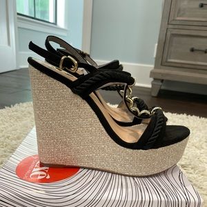 Black Suede wedge heels with gold accents